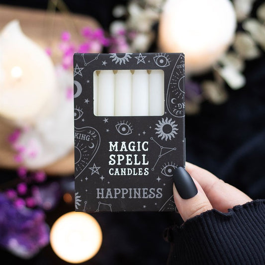Pack of 12 white 'HAPPINESS' spell candles