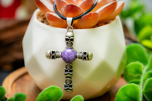 Charoite skull cross necklace