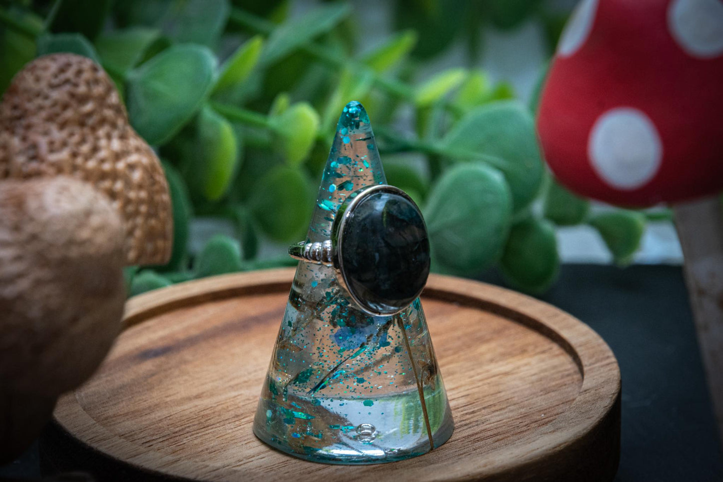 Moss agate statement adjustable ring