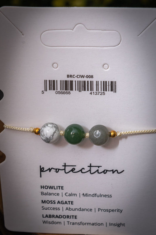 Protection crystal intention adjustable corded bracelet - Howlite, Green Aventurine, Labradorite