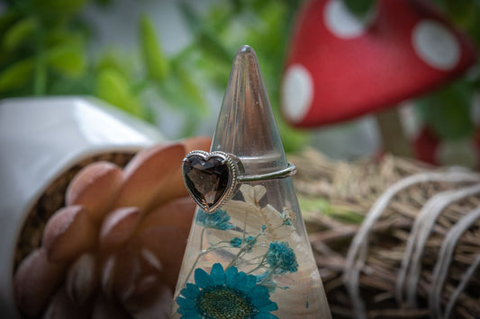 Smoky quartz heart faceted adjustable ring
