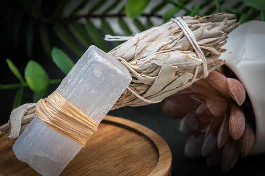 Selenite (satin spar) and torch white Sage set
