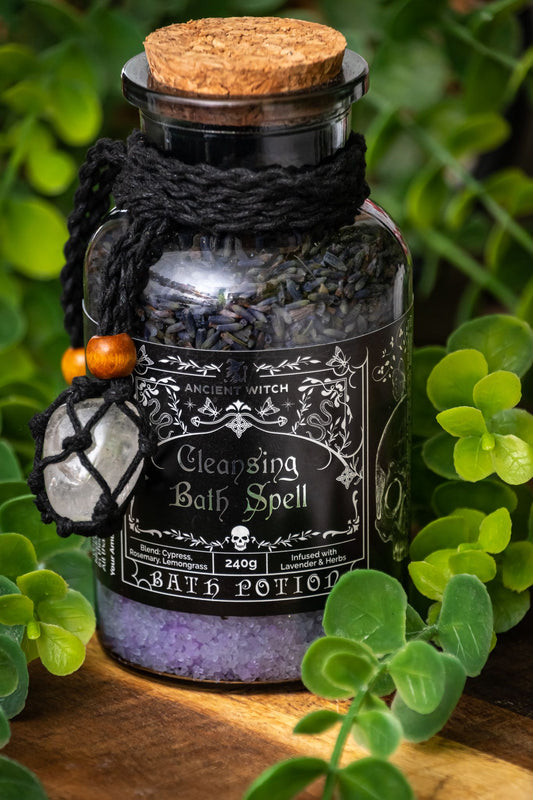 Cleansing bath spell salts with clear quartz amulet