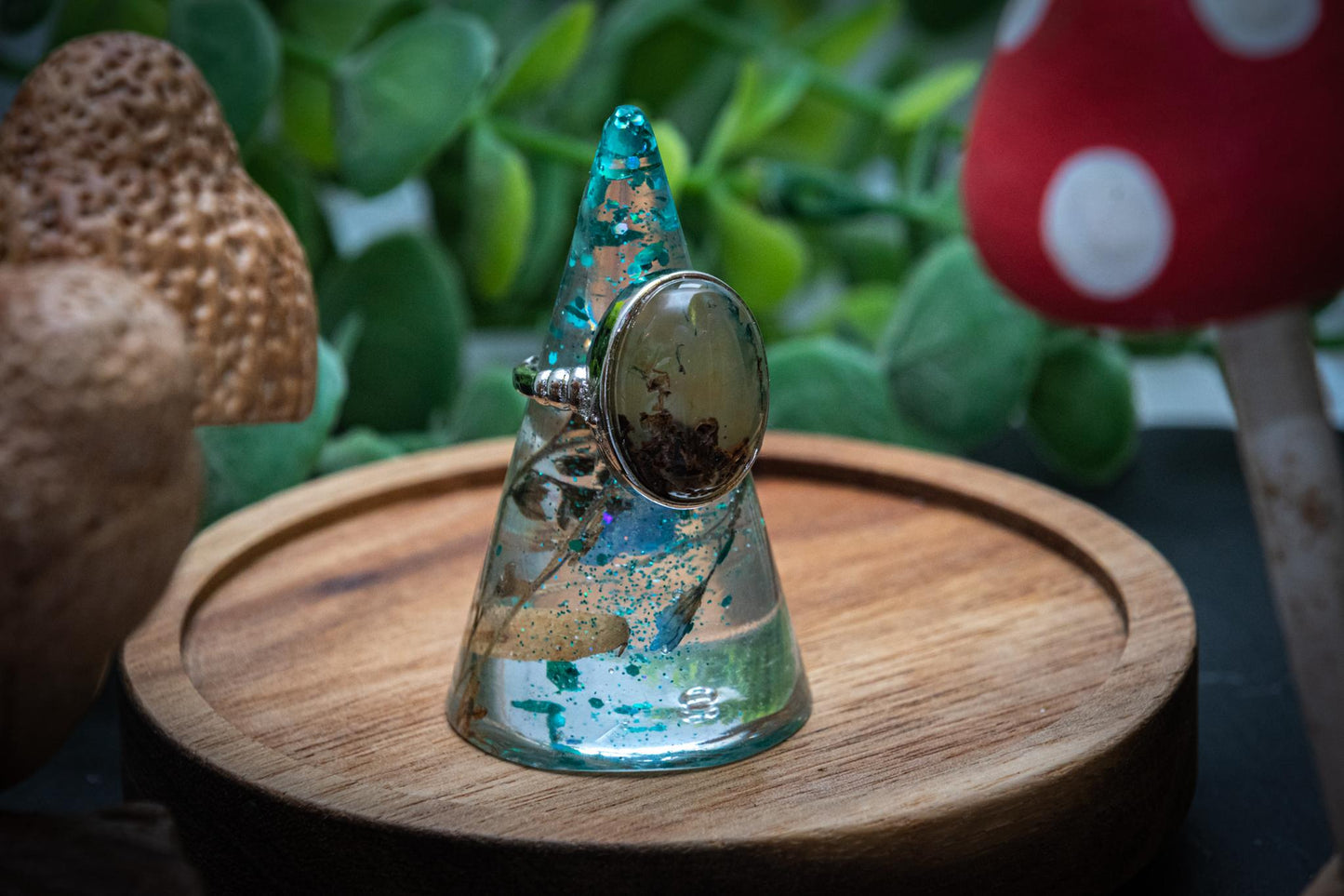 Moss agate statement adjustable ring