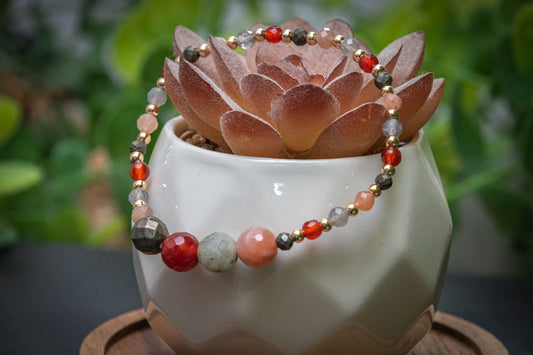 Strength and confidence faceted bracelet set - pyrite, Carnelian, Labradorite and Sunstone