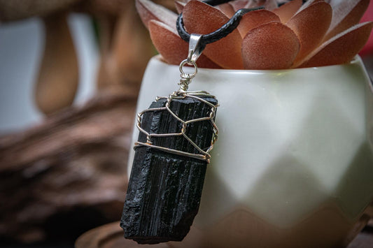 Black tourmaline wire wrapped necklace