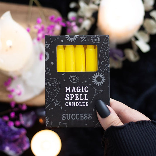 Pack of 12 yellow 'SUCCESS' spell candles