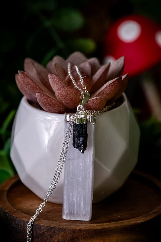 Selenite and black tourmaline necklace