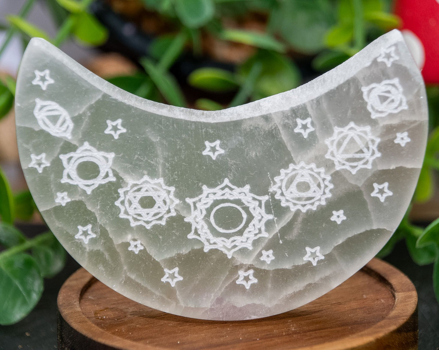 Selenite (satin spar) moon plate carving
