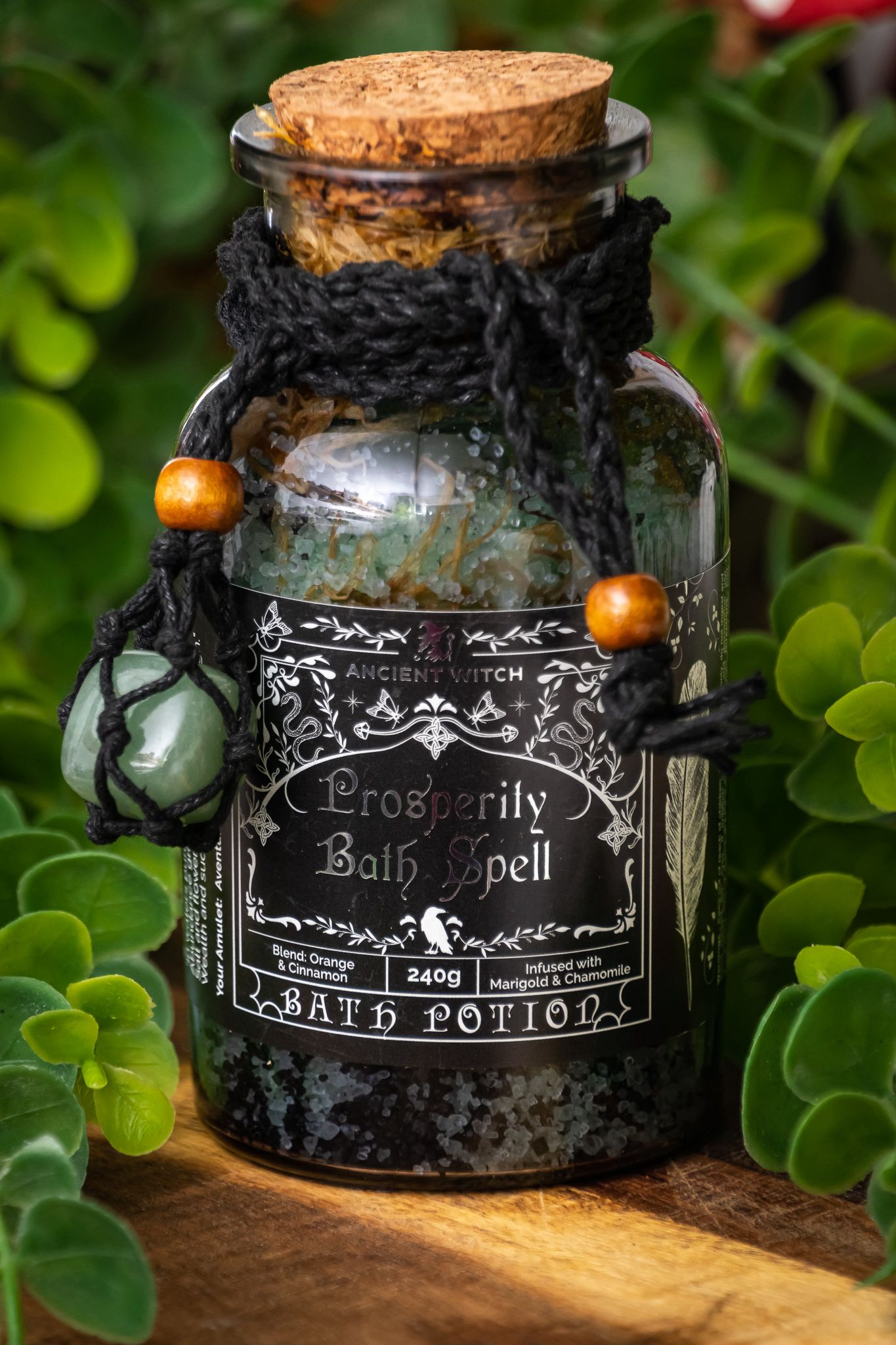 Prosperity bath spell salts with Green Aventurine amulet