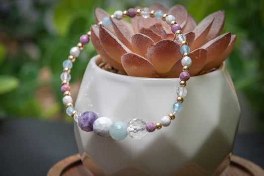 Stress relief faceted bracelet set, Clear Quartz Aquamarine Howlite Lepidolite