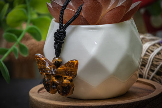 Tigers eye butterfly skull rope necklace