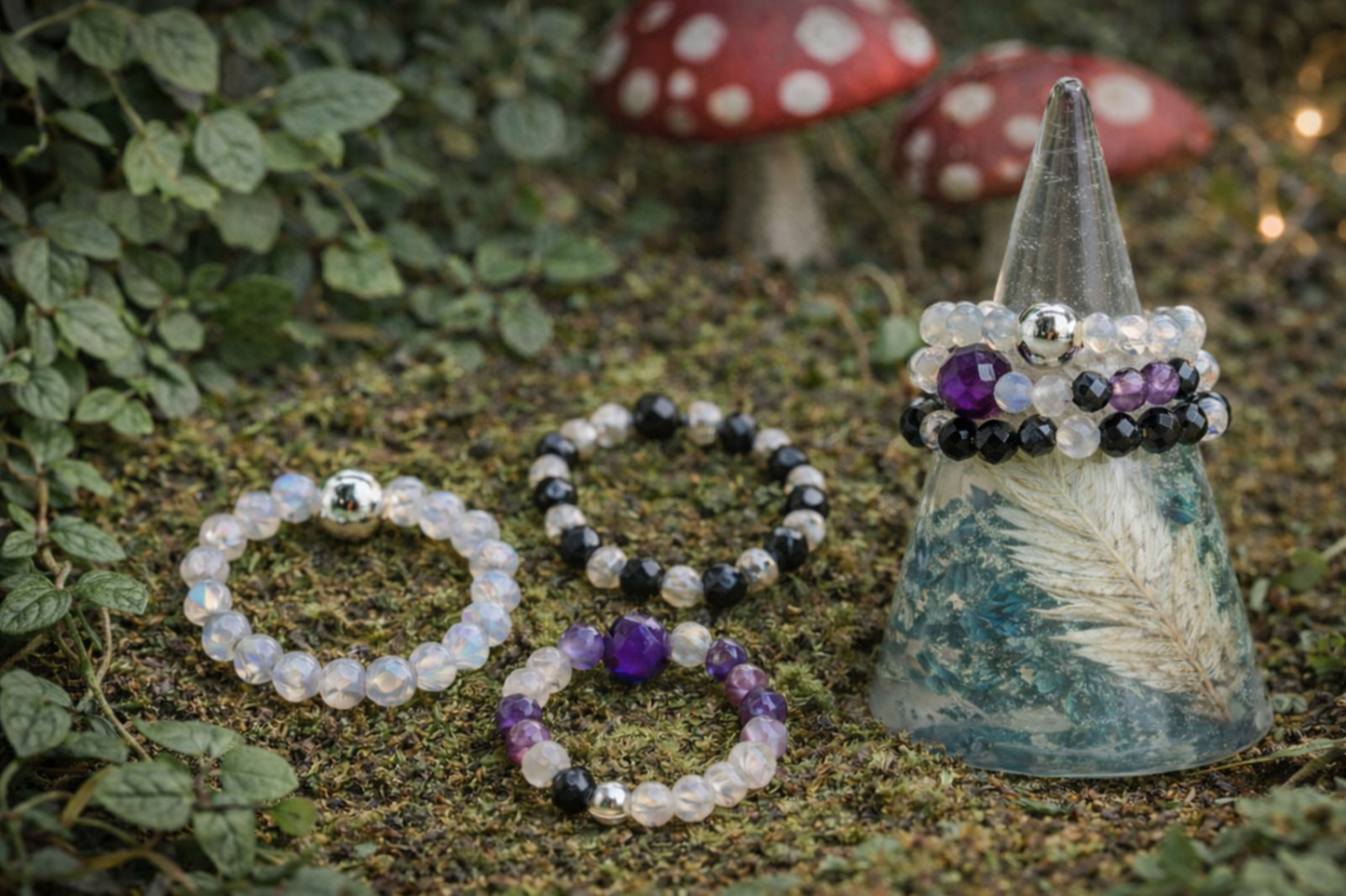 Full moon elasticated ring set - Moonstone • Black Obsidian • Amethyst