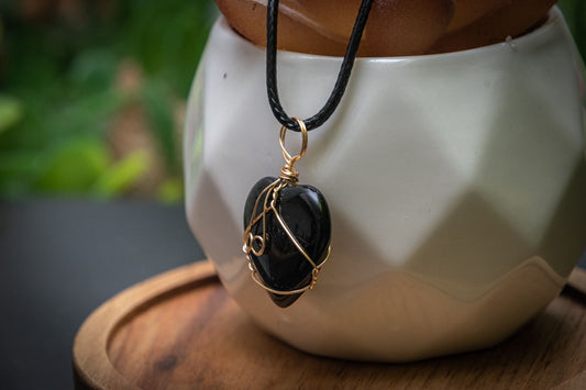 Obsidian wire wrapped heart necklace
