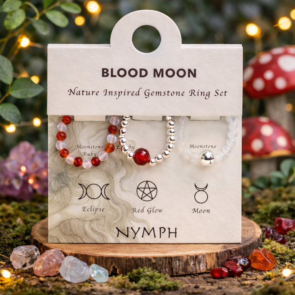 Blood moon elasticated ring set • Ruby • Moonstone •