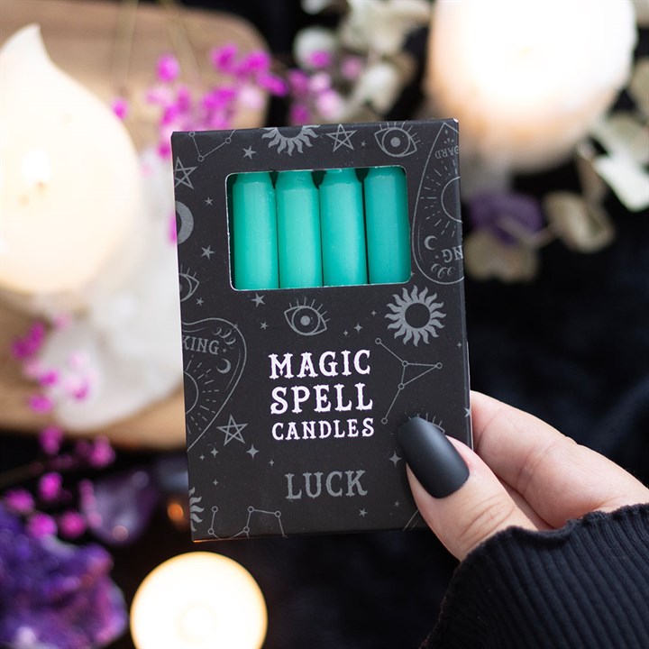 Pack of 12 green 'LUCK' spell candles