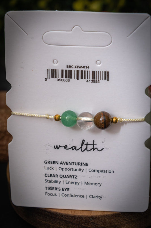 Wealth crystal intention adjustable corded bracelet - Green Aventurine, Clear Quartz and tigers eye