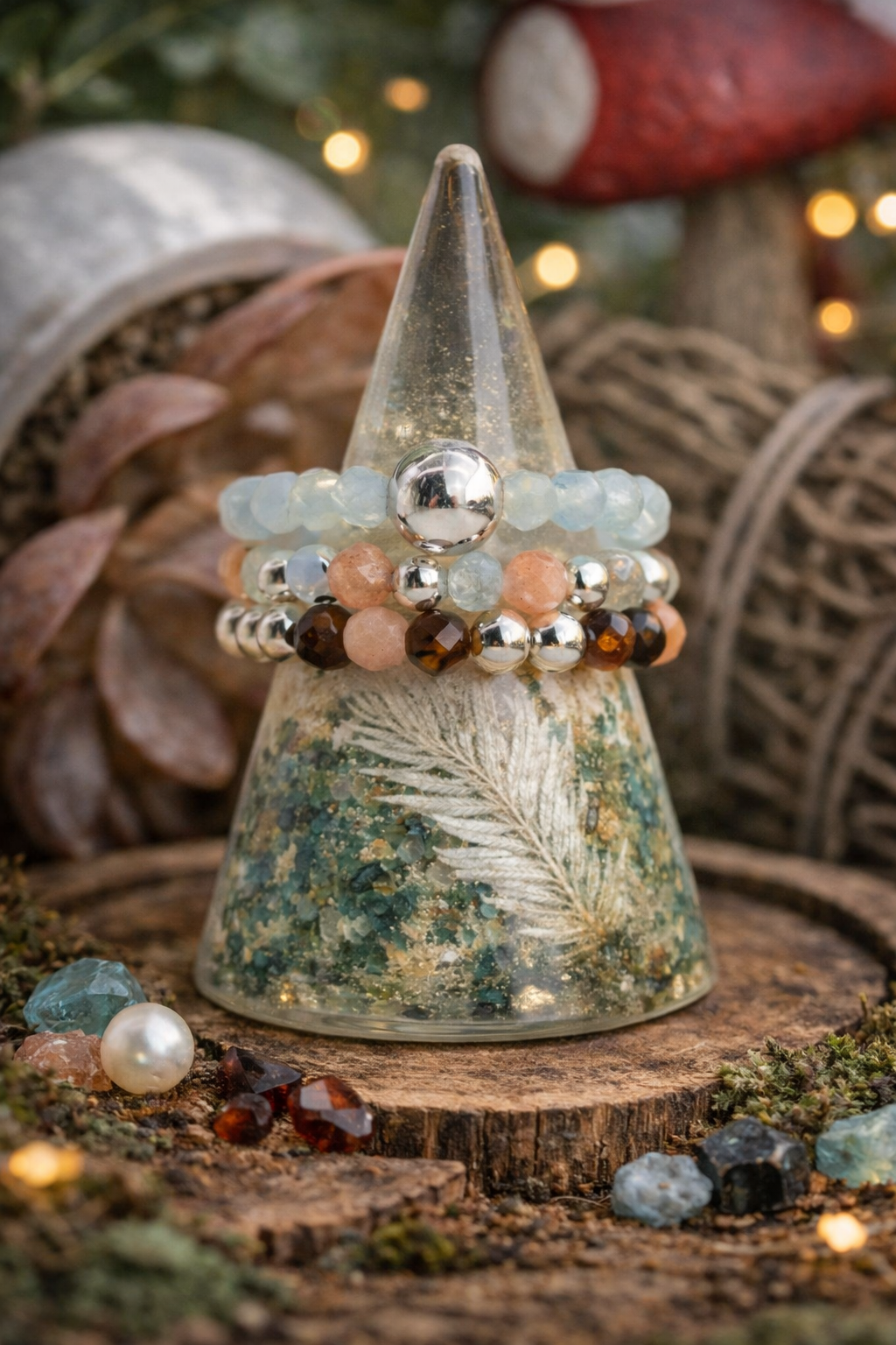 Sea sunset elasticated ring set • Aquamarine • Tiger’s eye • Sunstone •