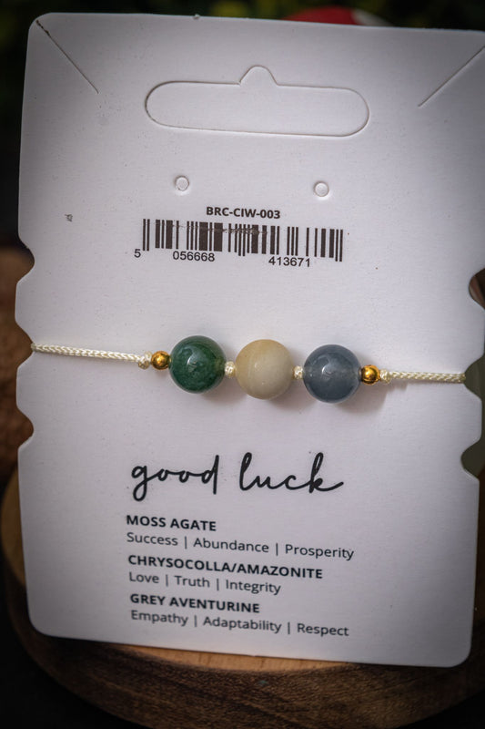 Good luck crystal intention adjustable corded bracelet - Moss Agate, Chrysocolla/Amazonite & Grey Aventurine