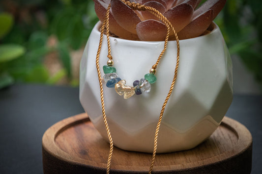 Good luck - chip adjustable corded bracelet - Green Aventurine, Citrine, Clear Quartz and Fluorite