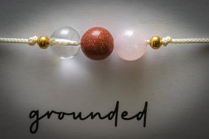 Grounded crystal intention adjustable corded bracelet - Clear Quartz, Red Goldstone & Rose quartz