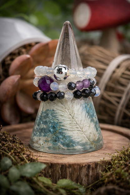 Full moon elasticated ring set - Moonstone • Black Obsidian • Amethyst