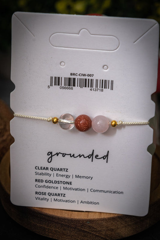 Grounded crystal intention adjustable corded bracelet - Clear Quartz, Red Goldstone & Rose quartz