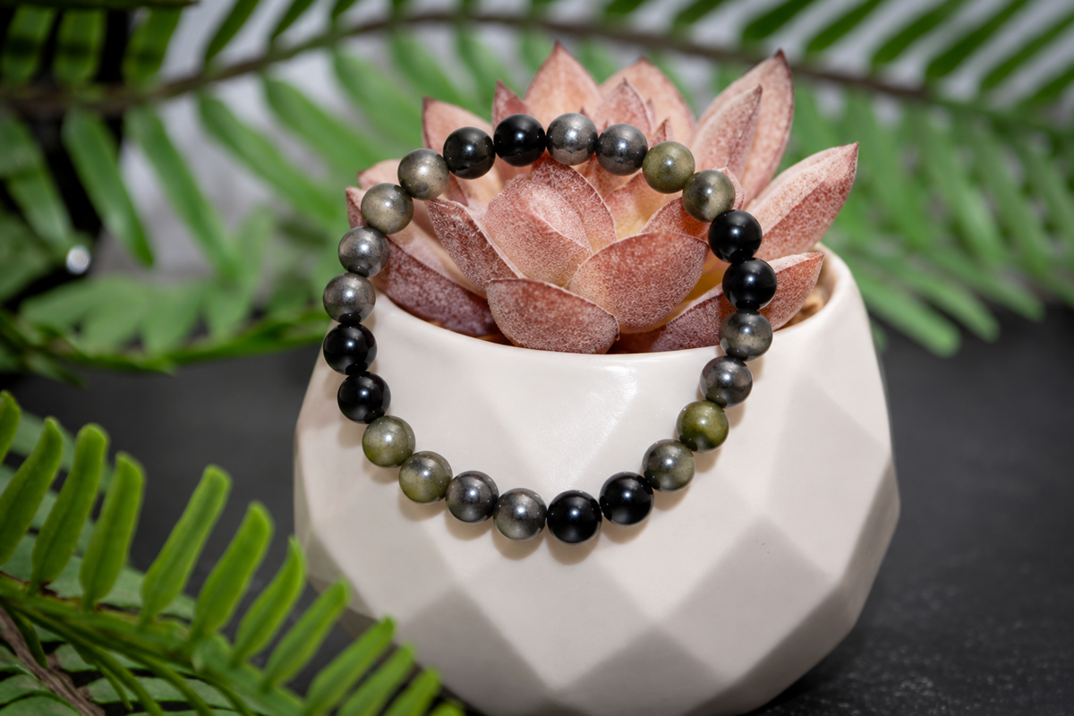 Pyrite, black tourmaline mixed Hematite 8mm bracelets