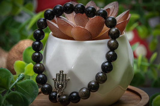 Golden sheen obsidian hamsa charm bracelet