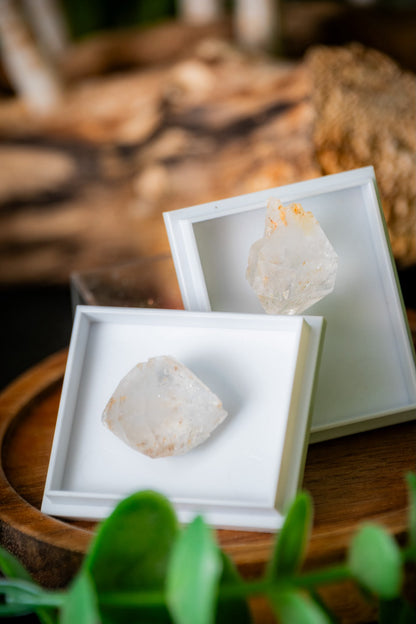Atlas diamonds double terminated quartz points in display case
