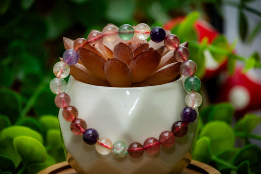 Strawberry Quartz, Green Strawberry Quartz & Amethyst 8mm power bracelet