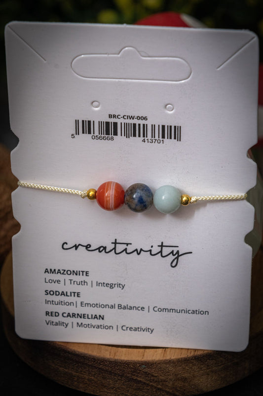 Creativity crystal intention adjustable corded bracelet - Red Carnelian, Sodalite & Amazonite