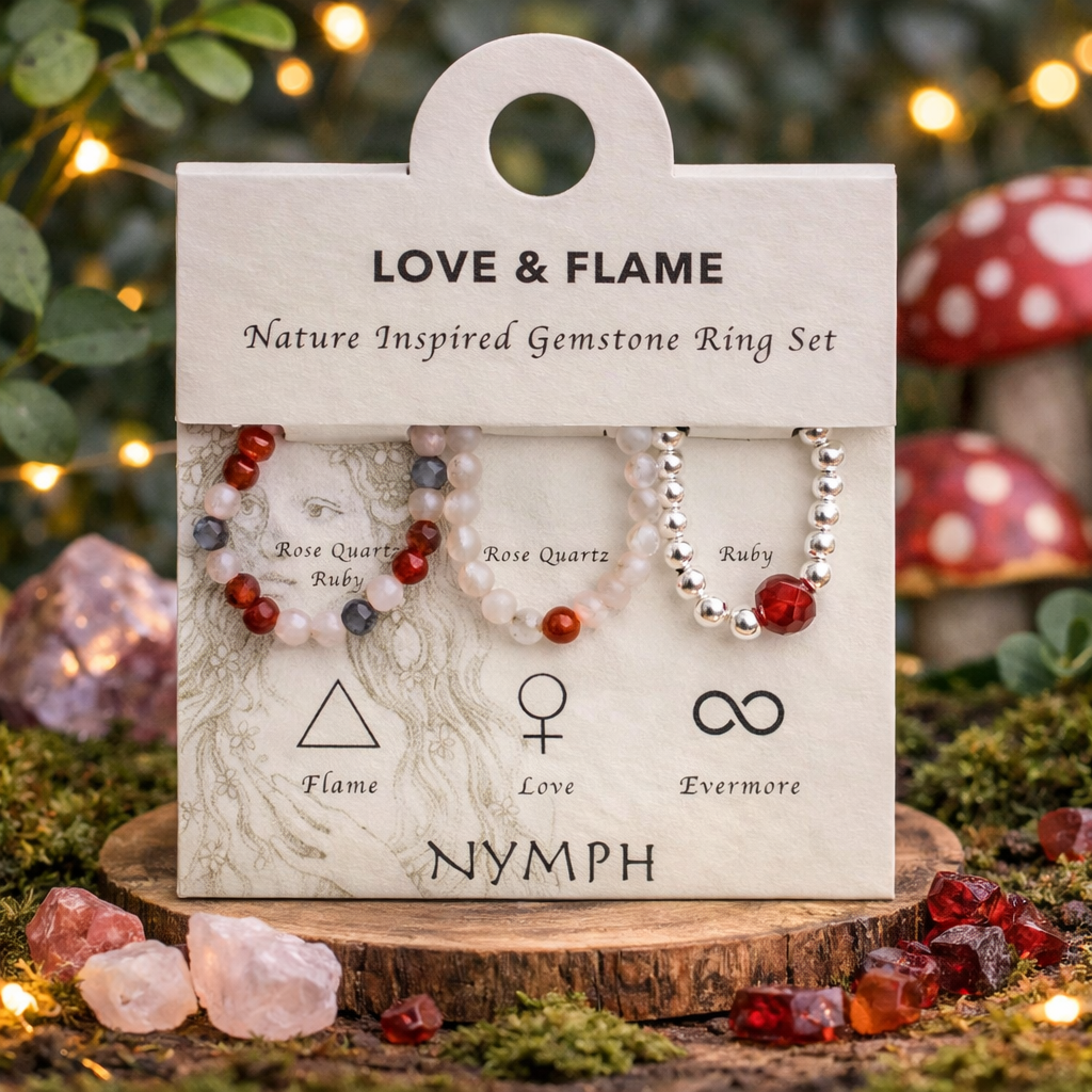Love & Flame elasticated ring set • Rose Quartz • Ruby •