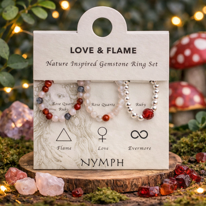 Love & Flame elasticated ring set • Rose Quartz • Ruby •
