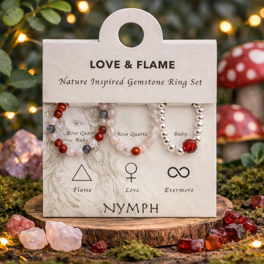 Love & Flame elasticated ring set • Rose Quartz • Ruby •
