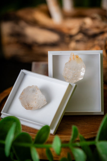Atlas diamonds double terminated quartz points in display case