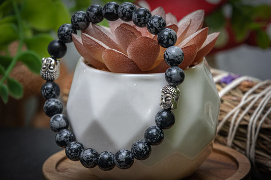 Snowflake obsidian Buddha charm power bracelet