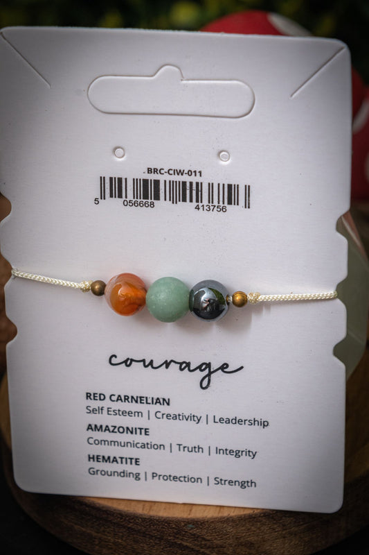 Courage crystal intention adjustable corded bracelet - Red Carnelian, Amazonite & Hematite