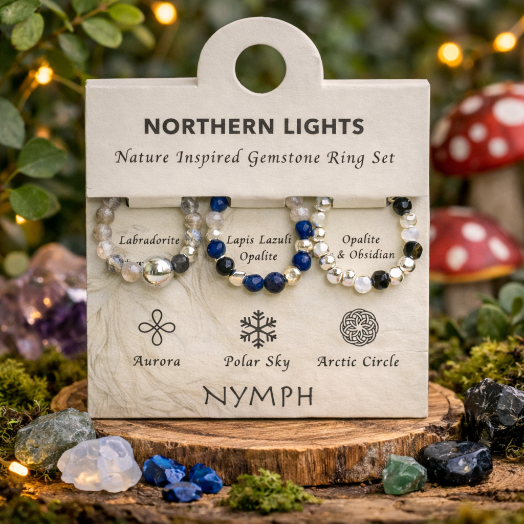 Northern lights elasticated ring set • Lapis Lazuli•Labradorite • Opalite • Fluorite • Black Obsidian •