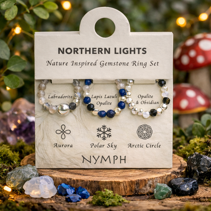 Northern lights elasticated ring set • Lapis Lazuli•Labradorite • Opalite • Fluorite • Black Obsidian •