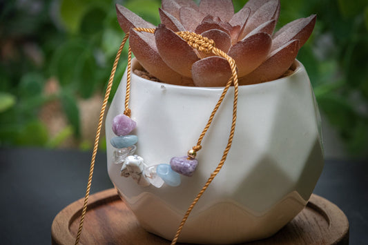 Stress relief- chip adjustable corded bracelet - Clear Quartz Aquamarine Howlite Lepidolite